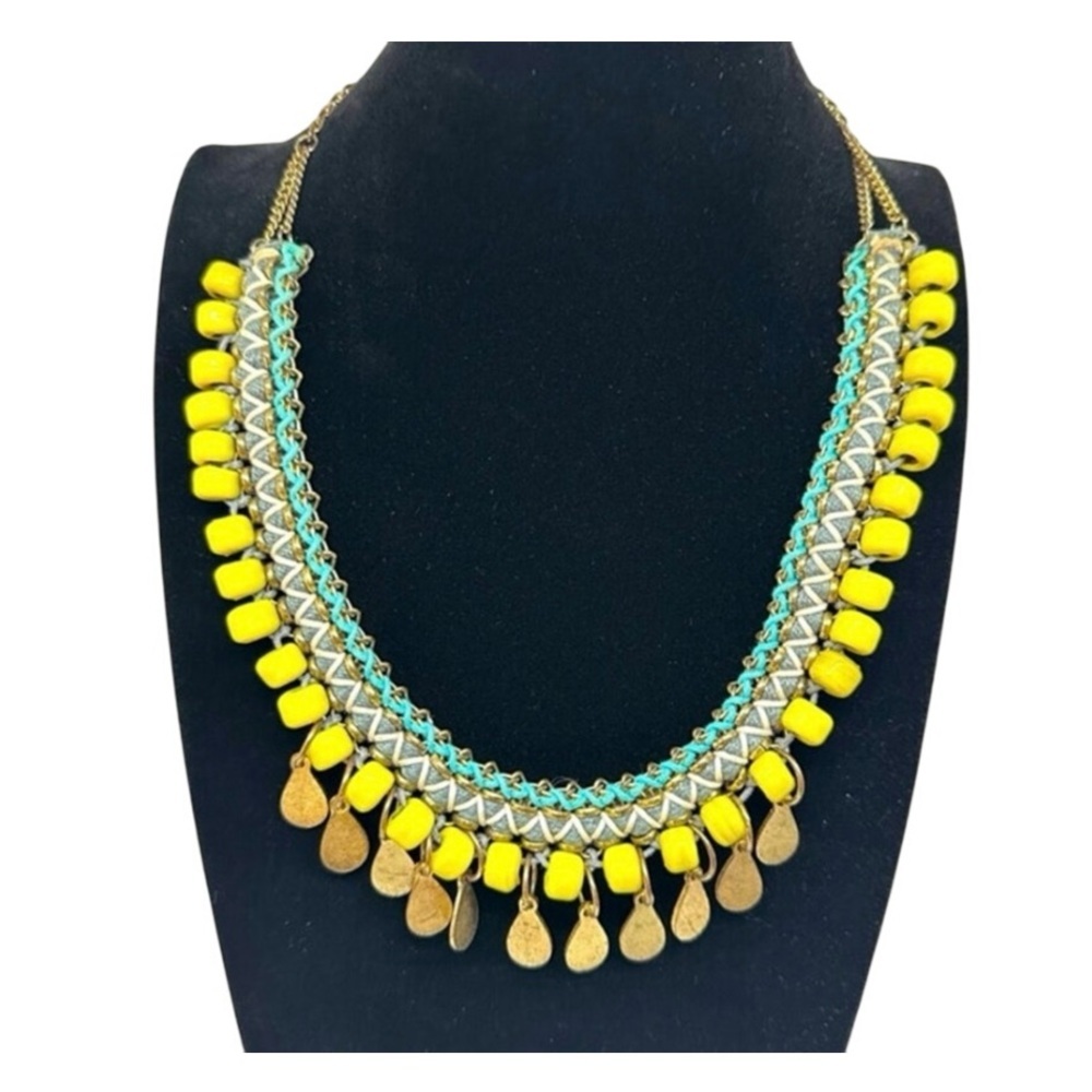 Handmade Yellow Glass Beads Statement Necklace Boho Festival Bib Teardrop